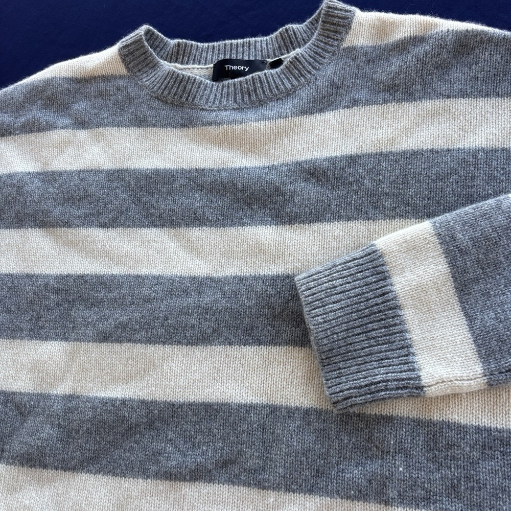 Theory 100% Cashmere Striped Sweater Womens Small Gray Ivory Karenia ST‎ Flawed